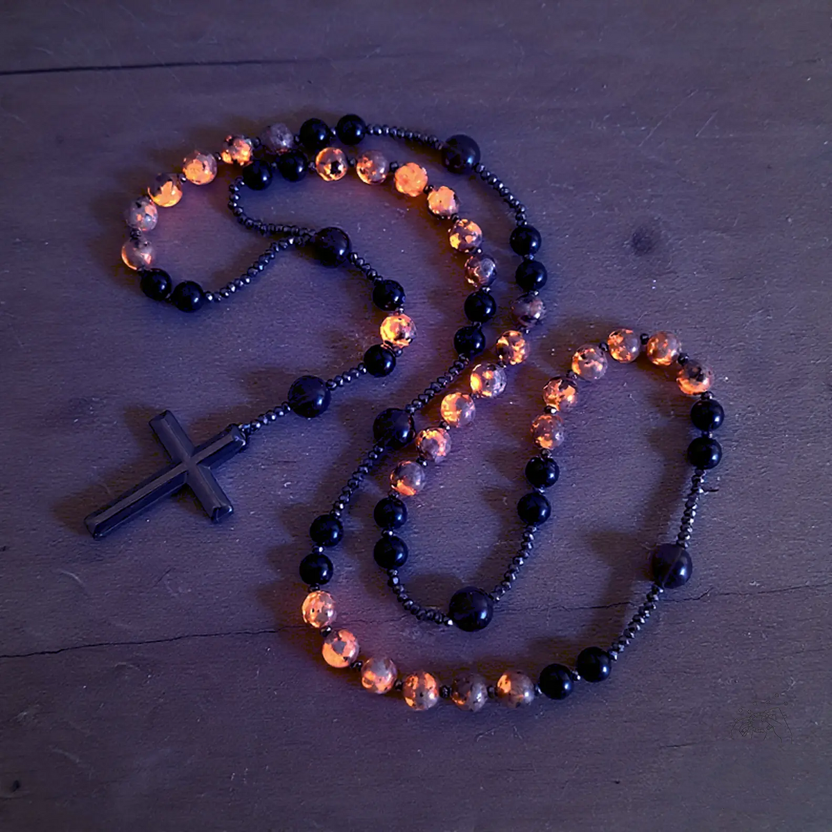 Natural Obsidian Yooperlite RosaryNecklace. UV Reactive EnergyProtection Healing Crystal