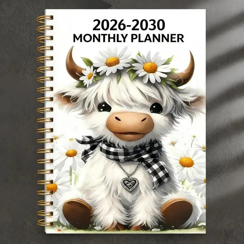 2026-2030 Calendar - From January 2026 to December 2030. 5-year calendar. cartoon Highland cow themed cover design. annual calendar planning. month labels. 60-month calendar