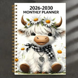 2026-2030 Calendar - From January 2026 to December 2030. 5-year calendar. cartoon Highland cow themed cover design. annual calendar planning. month labels. 60-month calendar