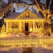 66ft 600-LED Christmas Icicle Lights – Outdoor Lights with Connectable Clear Wire. 8 Modes. Timer. Plug-in. Waterproof; Suitable for Eaves. Patios. Parties. and Indoor Holiday Decor; Includes Switch; Warm White