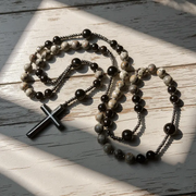 Natural Obsidian Yooperlite RosaryNecklace. UV Reactive EnergyProtection Healing Crystal