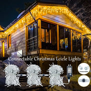 66ft 600-LED Christmas Icicle Lights – Outdoor Lights with Connectable Clear Wire. 8 Modes. Timer. Plug-in. Waterproof; Suitable for Eaves. Patios. Parties. and Indoor Holiday Decor; Includes Switch; Warm White