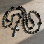 Natural Obsidian Yooperlite RosaryNecklace. UV Reactive EnergyProtection Healing Crystal