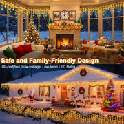 66ft 600-LED Christmas Icicle Lights – Outdoor Lights with Connectable Clear Wire. 8 Modes. Timer. Plug-in. Waterproof; Suitable for Eaves. Patios. Parties. and Indoor Holiday Decor; Includes Switch; Warm White