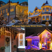 66ft 600-LED Christmas Icicle Lights – Outdoor Lights with Connectable Clear Wire. 8 Modes. Timer. Plug-in. Waterproof; Suitable for Eaves. Patios. Parties. and Indoor Holiday Decor; Includes Switch; Warm White