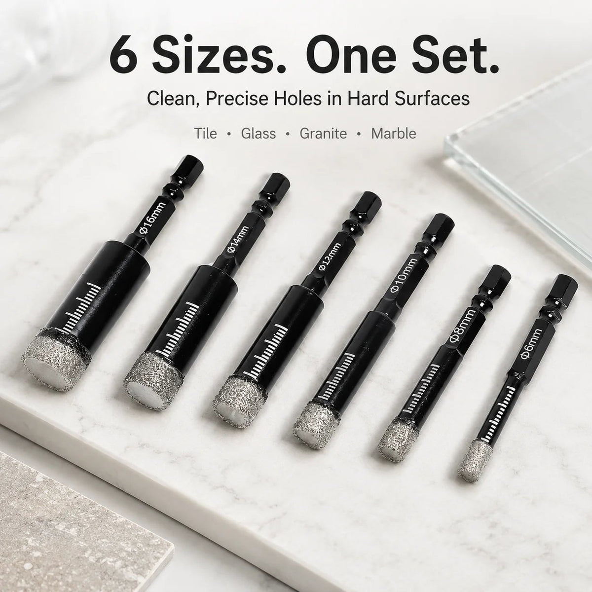🔥LAST DAY SALE 60% OFF-6 Pcs Diamond Drill Bits Set. 1/4 5/6 3/8 1/2 Inch Brazed Diamond Drill Bits for Precision Drilling in Tile Ceramic Glass Granite Marble Masonry