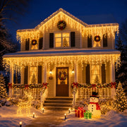 66ft 600-LED Christmas Icicle Lights – Outdoor Lights with Connectable Clear Wire. 8 Modes. Timer. Plug-in. Waterproof; Suitable for Eaves. Patios. Parties. and Indoor Holiday Decor; Includes Switch; Warm White