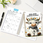 2026-2030 Calendar - From January 2026 to December 2030. 5-year calendar. cartoon Highland cow themed cover design. annual calendar planning. month labels. 60-month calendar