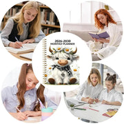 2026-2030 Calendar - From January 2026 to December 2030. 5-year calendar. cartoon Highland cow themed cover design. annual calendar planning. month labels. 60-month calendar