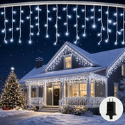 66ft 600-LED Christmas Icicle Lights – Outdoor Lights with Connectable Clear Wire. 8 Modes. Timer. Plug-in. Waterproof; Suitable for Eaves. Patios. Parties. and Indoor Holiday Decor; Includes Switch; Warm White