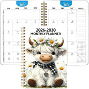 2026-2030 Calendar - From January 2026 to December 2030. 5-year calendar. cartoon Highland cow themed cover design. annual calendar planning. month labels. 60-month calendar
