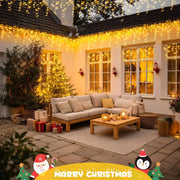 66ft 600-LED Christmas Icicle Lights – Outdoor Lights with Connectable Clear Wire. 8 Modes. Timer. Plug-in. Waterproof; Suitable for Eaves. Patios. Parties. and Indoor Holiday Decor; Includes Switch; Warm White