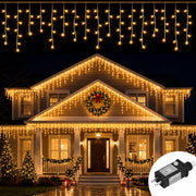 66ft 600-LED Christmas Icicle Lights – Outdoor Lights with Connectable Clear Wire. 8 Modes. Timer. Plug-in. Waterproof; Suitable for Eaves. Patios. Parties. and Indoor Holiday Decor; Includes Switch; Warm White