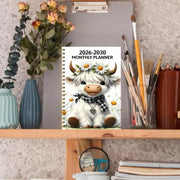 2026-2030 Calendar - From January 2026 to December 2030. 5-year calendar. cartoon Highland cow themed cover design. annual calendar planning. month labels. 60-month calendar
