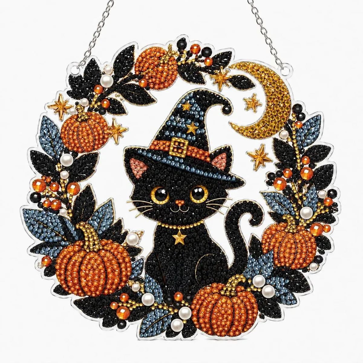 Halloween Diamond Painting Suncatcher Ornament Kit, Pumpkin Black Cat DIY Gem Art Hanging Decoration, Acrylic Window Hanging Craft Kit, Sparkling Fall Home Decor Gift