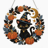 Halloween Diamond Painting Suncatcher Ornament Kit, Pumpkin Black Cat DIY Gem Art Hanging Decoration, Acrylic Window Hanging Craft Kit, Sparkling Fall Home Decor Gift