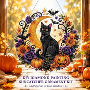 Halloween Diamond Painting Suncatcher Ornament Kit, Pumpkin Black Cat DIY Gem Art Hanging Decoration, Acrylic Window Hanging Craft Kit, Sparkling Fall Home Decor Gift
