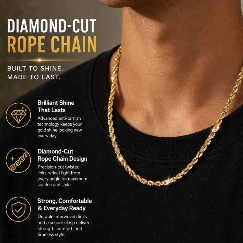 14K Rope ChainNecklace forWomen andMen, UpgradedShine FacetedCut, Tarnish-Free Gold ToneChain,